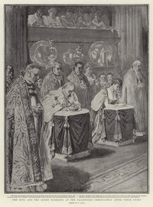 Le roi et la reine agenouillés aux prie-Dieu immédiatement après leur entrée - William Small